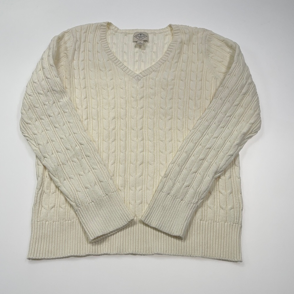 St. John's Bay Cable Womens V Neck Long Sleeve Pullover Sweater Size XL Cream